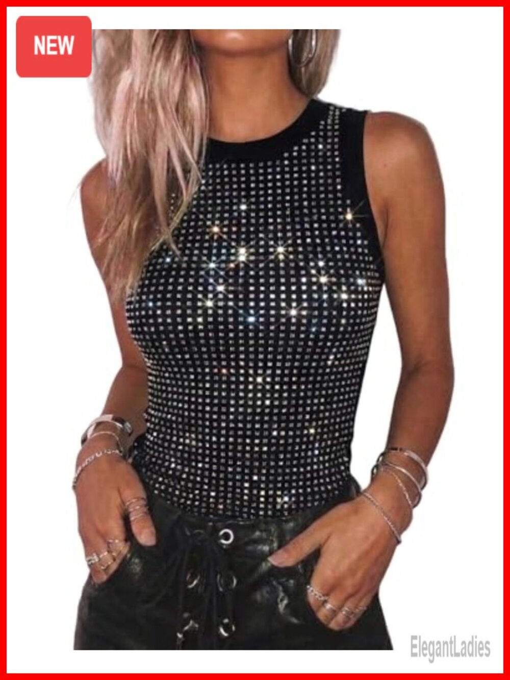 Rhinestone Tank Top Sleeveless O-Neck Slim Fit Ribbed Party Summer Women's